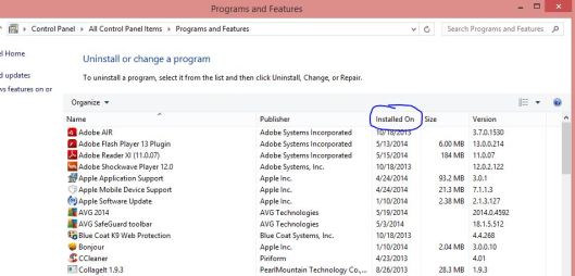 Control Panel, programs installed on date